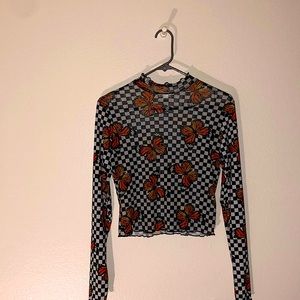 J for Justify Lettuce Edge Neck Butterfly Mesh Checkered Top ✨